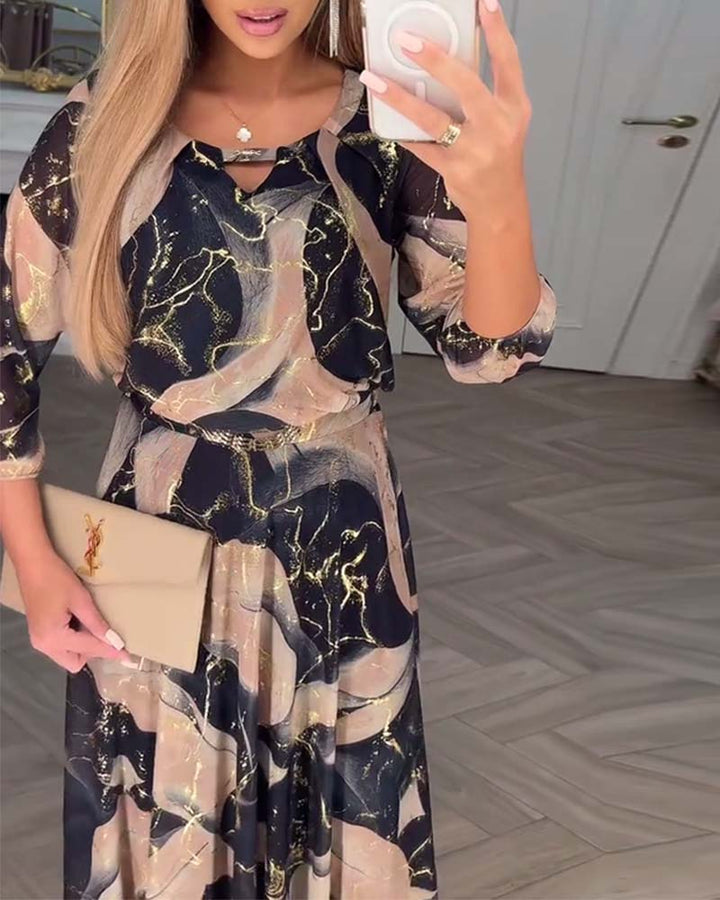 Sylvie™ | Women’s Elegant Printed Dress with 3/4 Sleeves and Fitted Waist