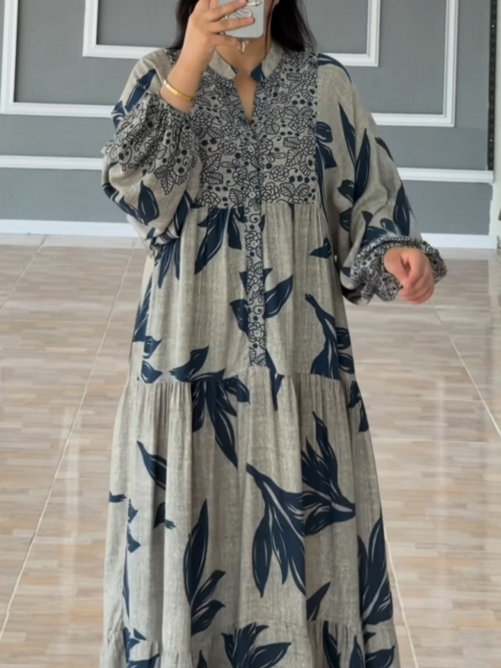 TREASA | PRINTED LANTERN SLEEVE LOOSE DRESS