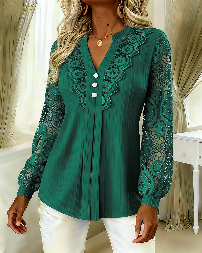 Selah™ | Women’s V-Neck Lace Detail Long Sleeve Blouse