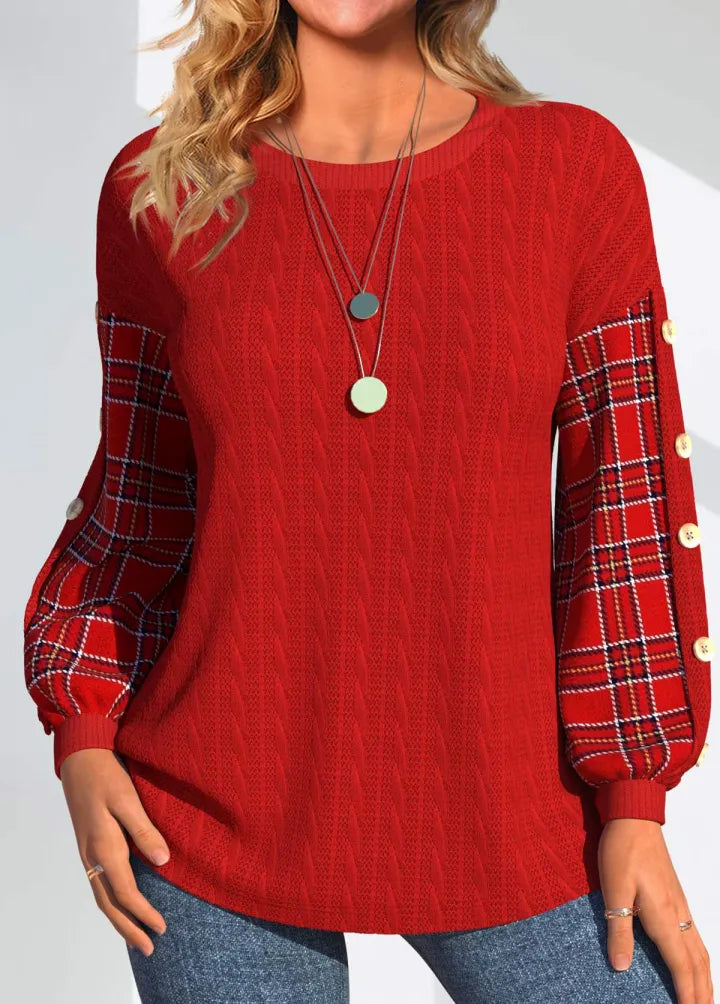 Emilia | Red Knit with Checked Sleeves