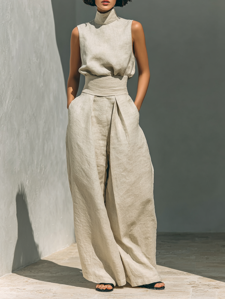 Maria - Women's Minimalist Cotton Linen Tank Top & Wide-Leg Trousers Set