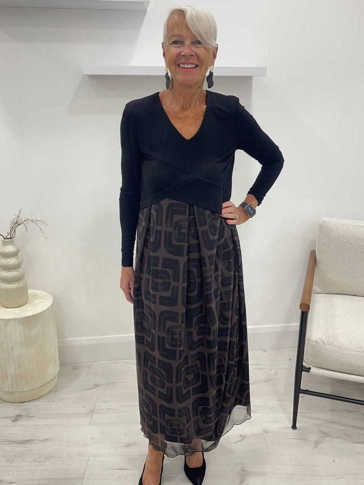 Maeve | Black Jersey & Mesh Midi Dress