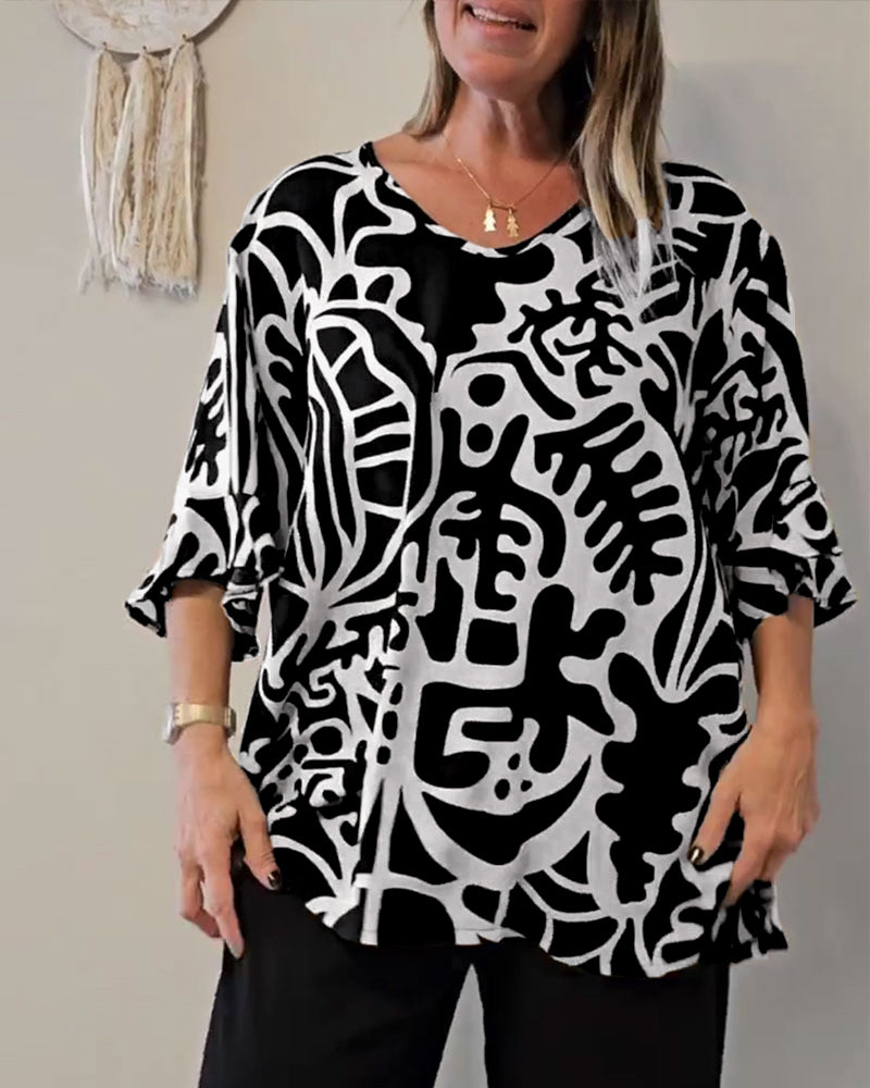 Esra™ | Women’s Loose Top with Abstract Botanical Print