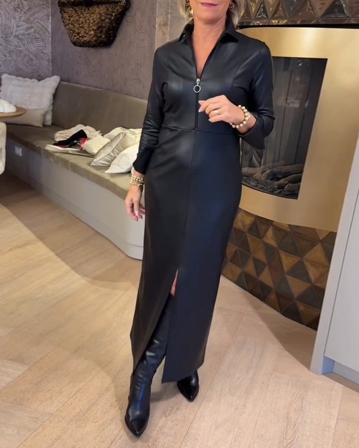 Dalia™ | Women’s PU Fashion Dress with Lapel and Zipper Detail