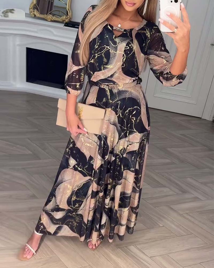 Sylvie™ | Women’s Elegant Printed Dress with 3/4 Sleeves and Fitted Waist