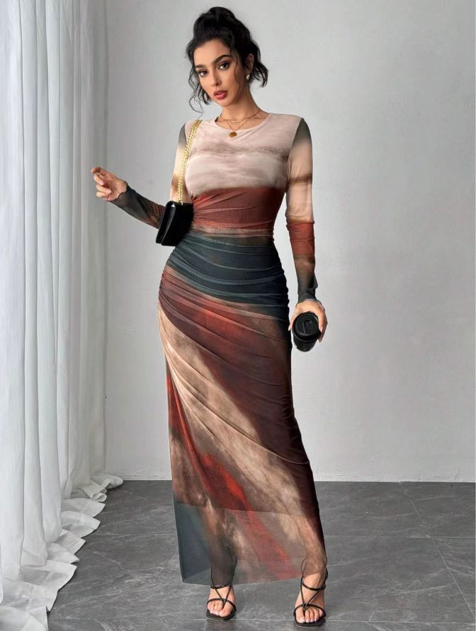 KEEVA | PRINTED LONG SLEEVE BODYCON MAXI DRESS