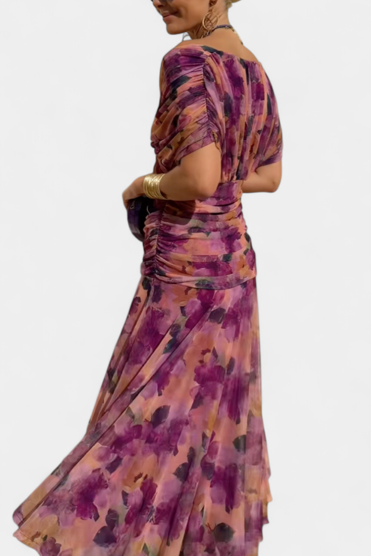 STEFANIA | ELEGANT LONG FLORAL V-NECK DRESS