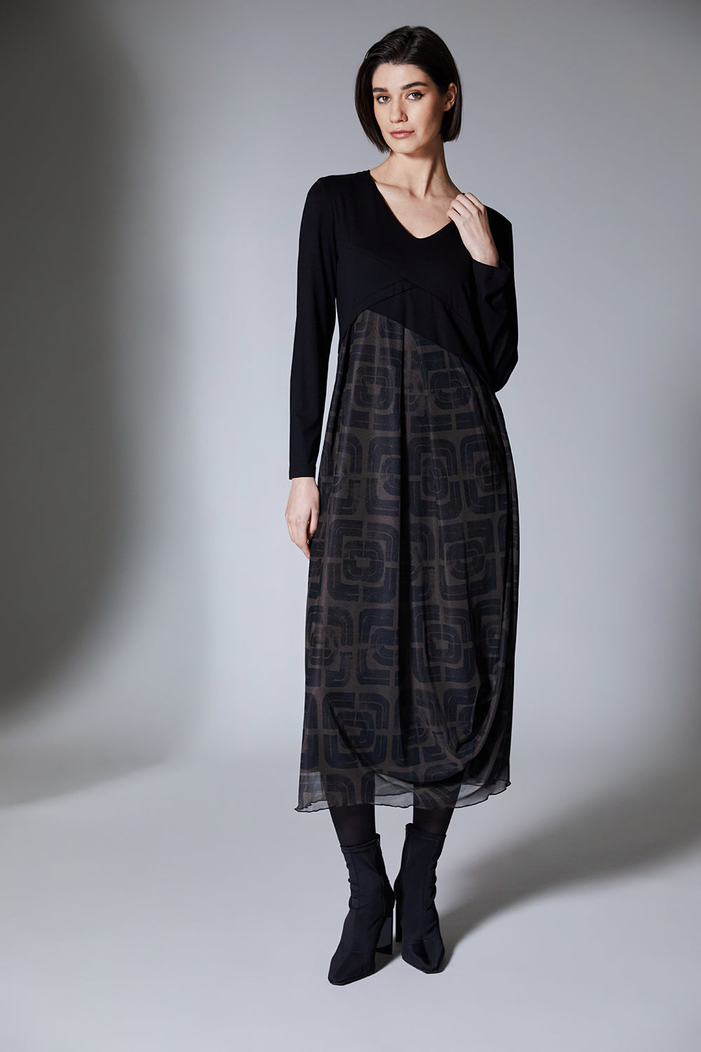 Maeve | Black Jersey & Mesh Midi Dress