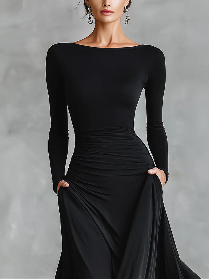 Adele™ | Modern Long Black Crepe Dress with Boat Neckline and Pleats