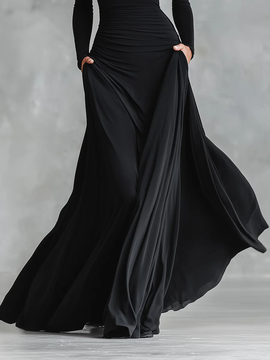 Adele™ | Modern Long Black Crepe Dress with Boat Neckline and Pleats