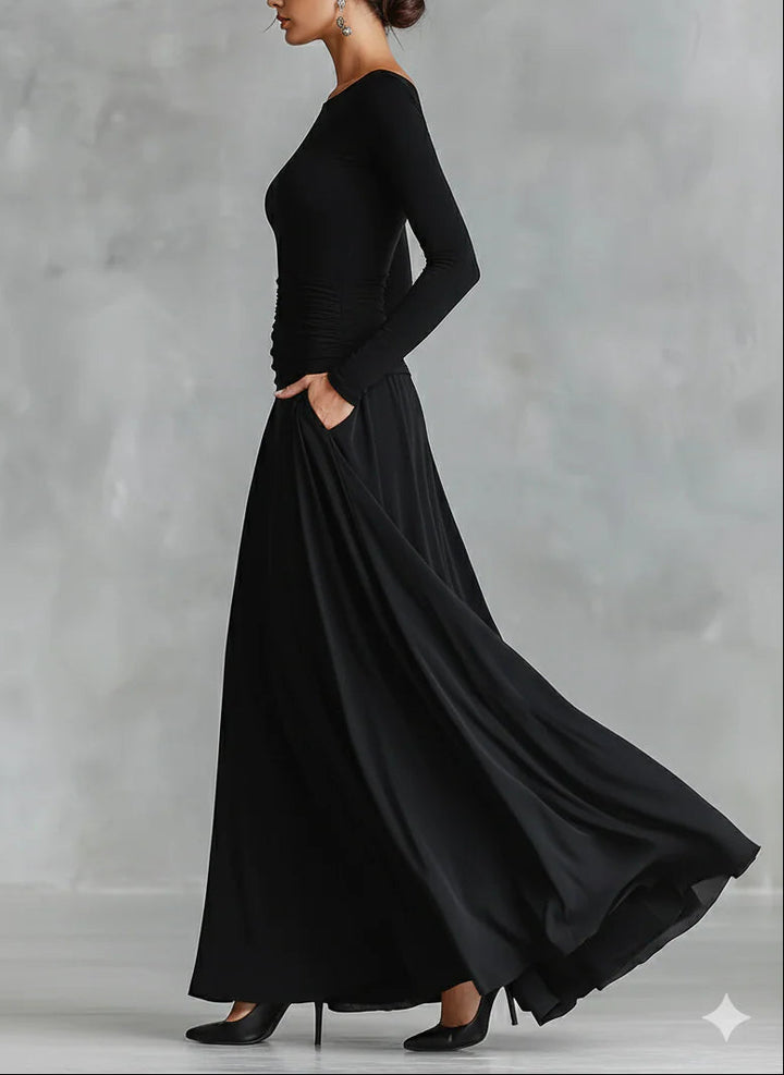 Adele™ | Modern Long Black Crepe Dress with Boat Neckline and Pleats