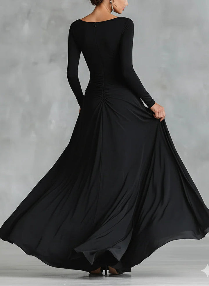 Adele™ | Modern Long Black Crepe Dress with Boat Neckline and Pleats