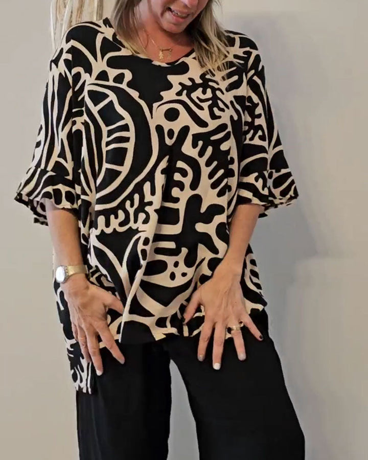 Esra™ | Women’s Loose Top with Abstract Botanical Print