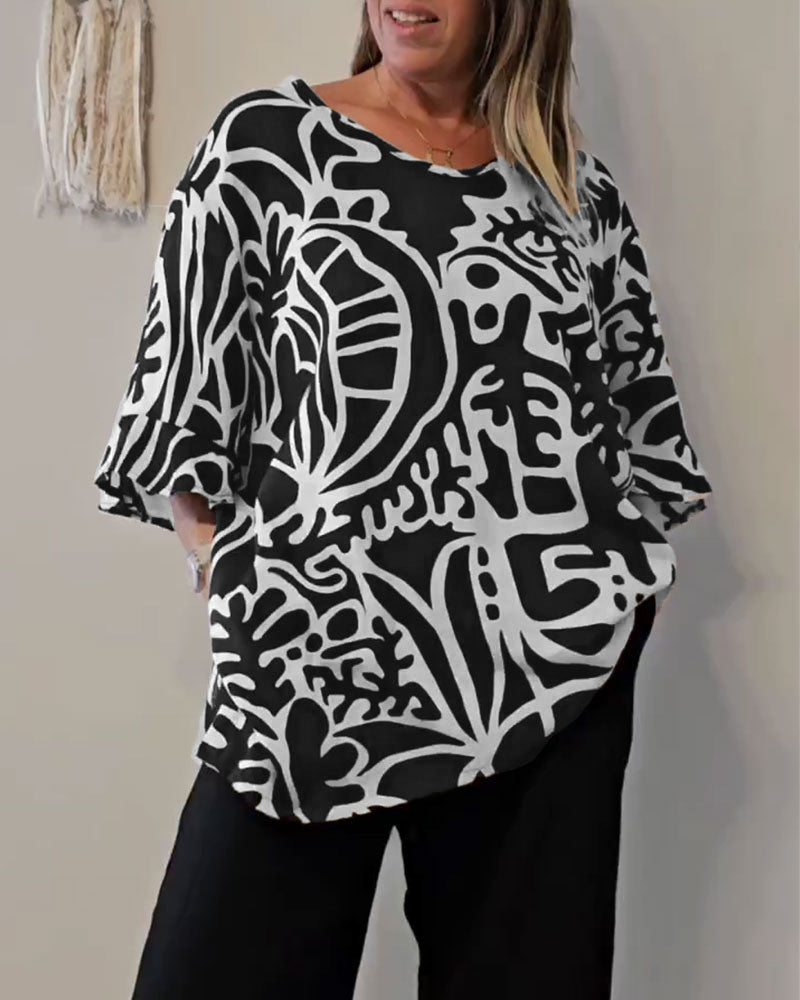 Esra™ | Women’s Loose Top with Abstract Botanical Print