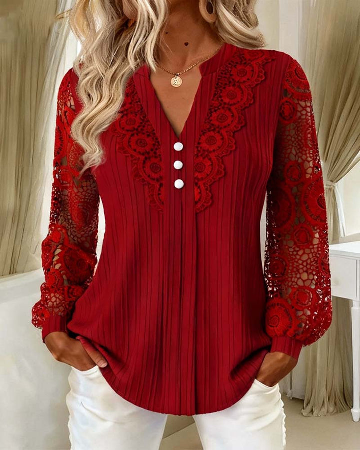 Selah™ | Women’s V-Neck Lace Detail Long Sleeve Blouse
